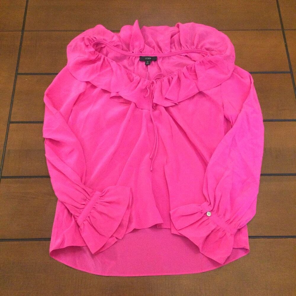 NWT J. Crew silk pink large ruffle small long sleeve blouse